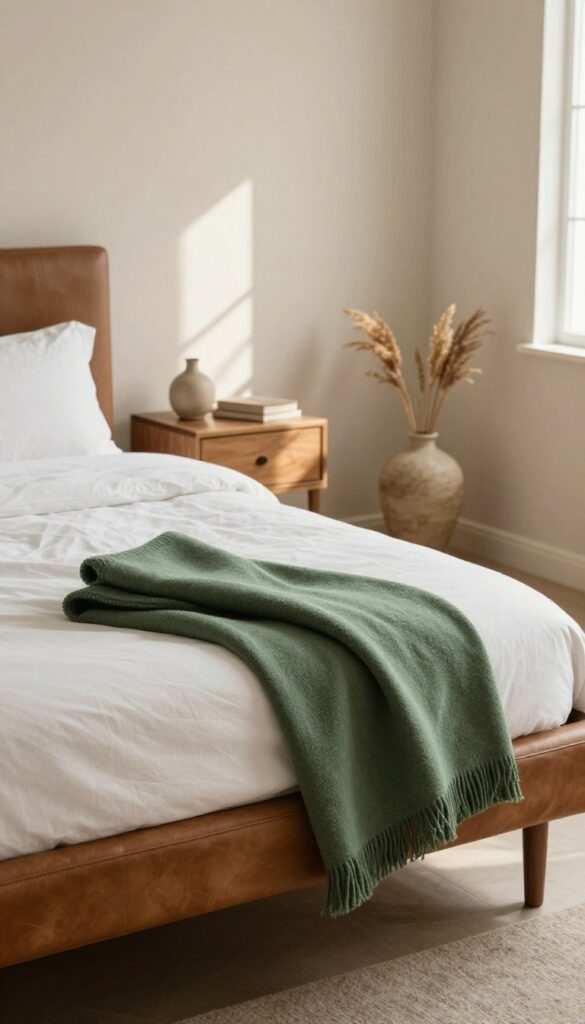 Brown leather bench at the foot of a bed with a folded green throw blanket in a bright earthy bedroom