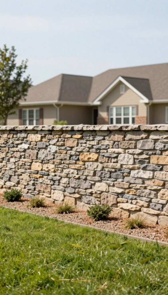 A low stone wall fence defining the boundary of a flat green front lawn with a suburban house in the background under bright natural light.