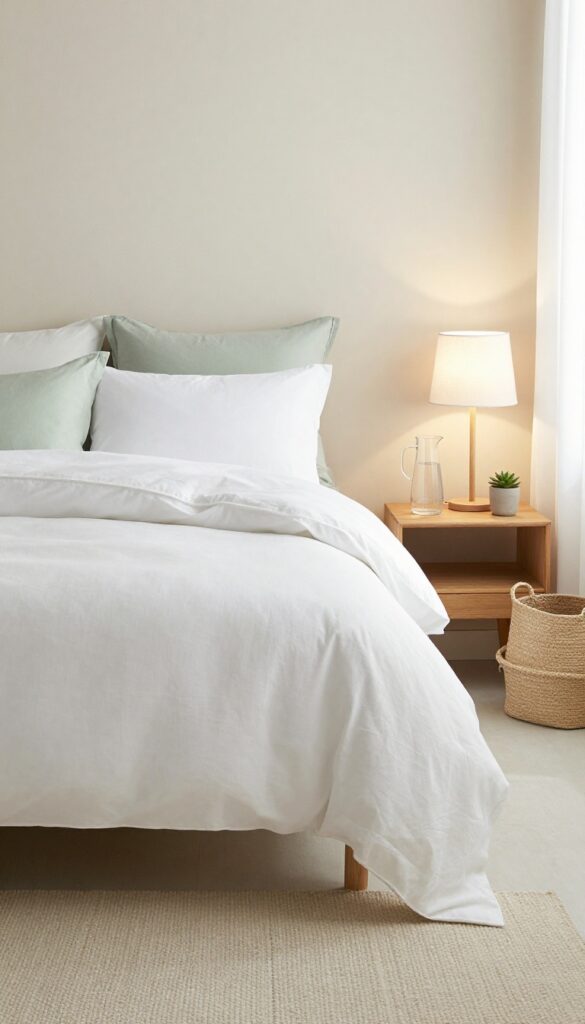 5. Muted Green Comforter with White Bedding Layers idea