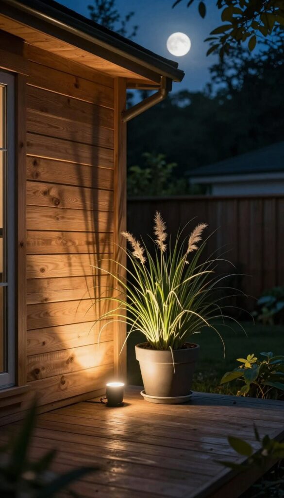 Small ground spotlights angled upward highlighting a potted plant and textured wood wall beside a cozy wooden deck at night