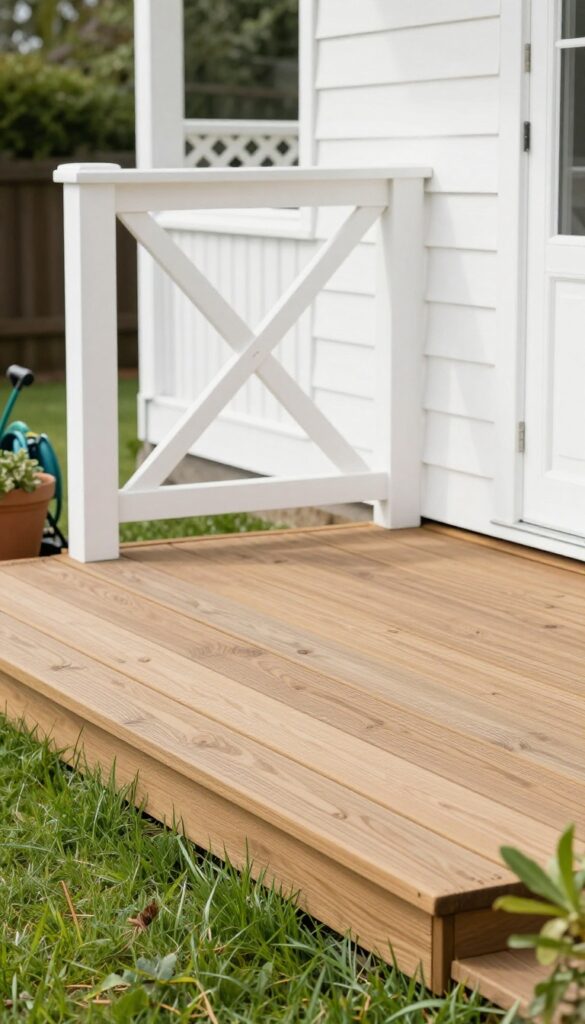 White lattice panel skirting around the base of a raised wooden deck, painted to match the deck trim, with landscaping and bright natural light