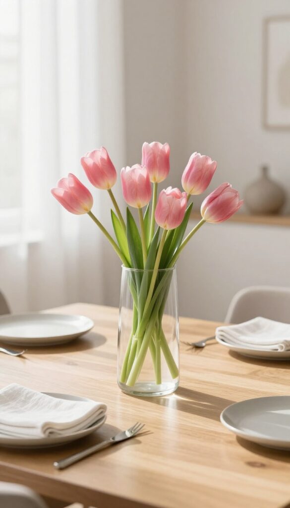 Simple blush tulip centerpiece in a clear glass vase on a clean wooden dining table in a bright modern home