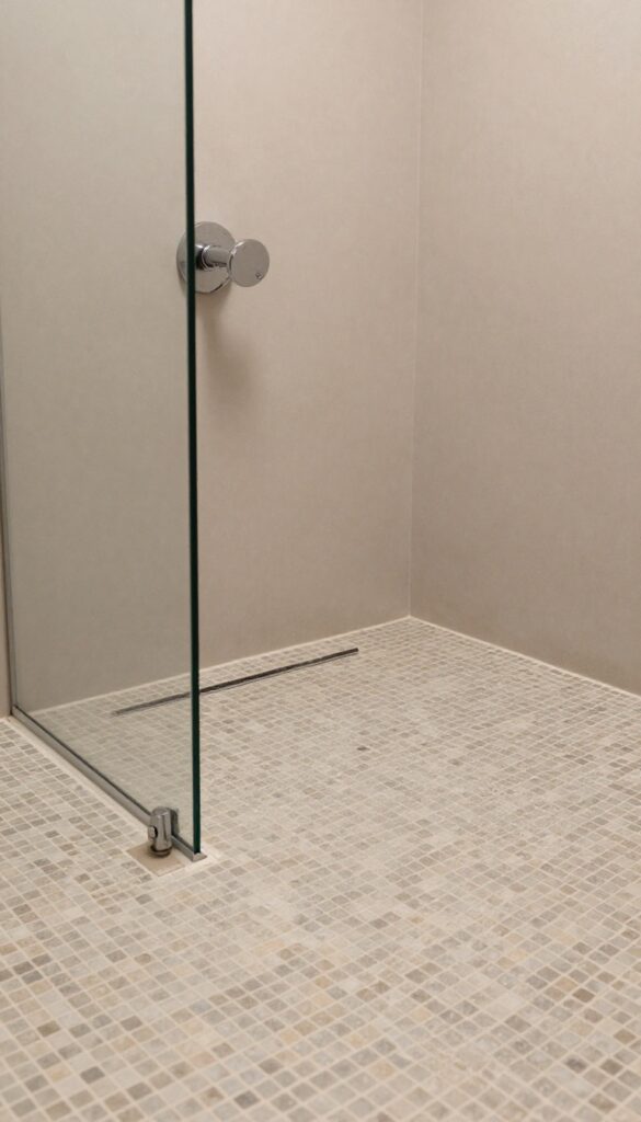 Bright spa shower with small textured mosaic floor tiles in warm gray and beige, showing grip-friendly grout lines and a glass panel.