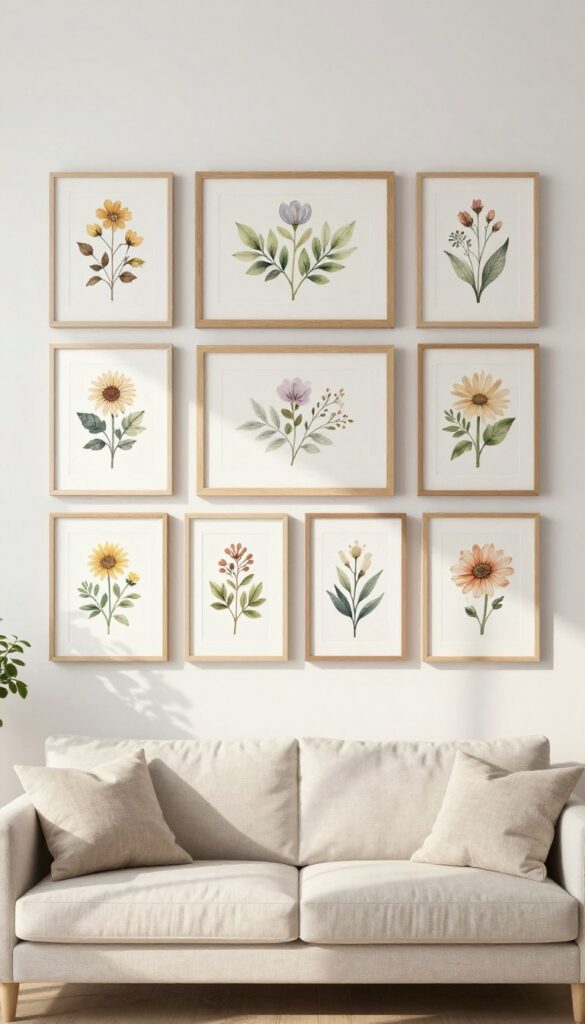 Bright living room wall with a botanical gallery wall of framed floral prints in light wood frames, evenly spaced above a neutral sofa in natural daylight.