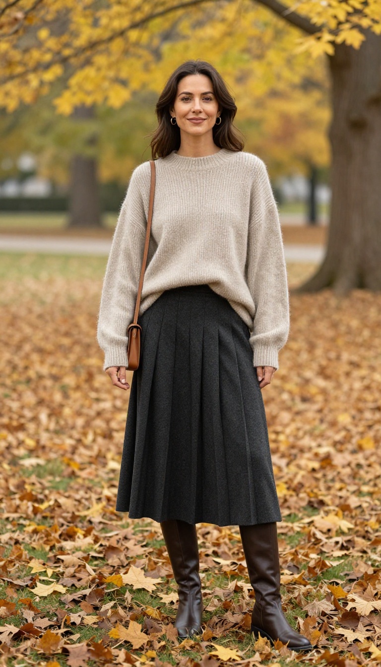 3. Chunky Knit Sweater & Pleated Midi Skirt