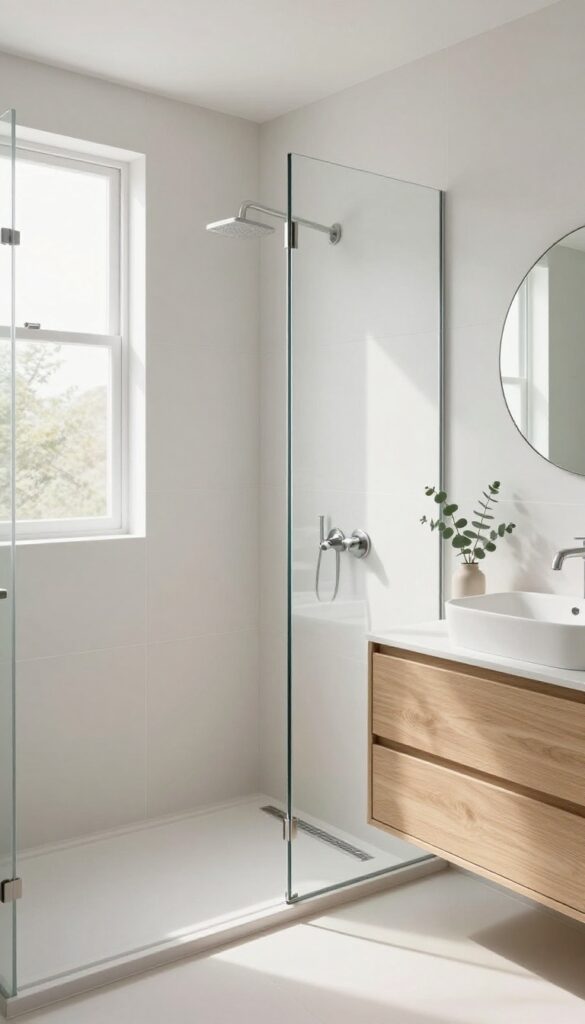 Small modern bathroom with a walk-in shower featuring large-format floor tiles and a sleek brushed nickel linear drain along the back wall, bright natural light.