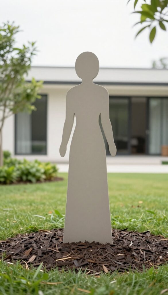 Single sculptural tree with clean structured branches planted off-center in a neat mulched bed in a modern front yard, surrounded by simple ground cover and bright natural light