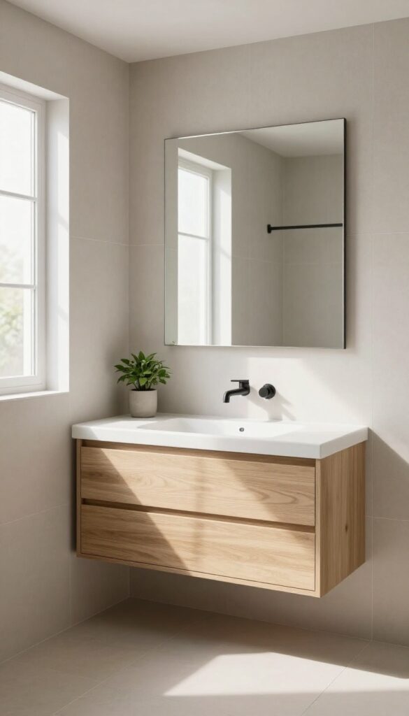 Bright square bathroom with a light wood floating vanity mounted on the wall, open space underneath, and natural light from a small window