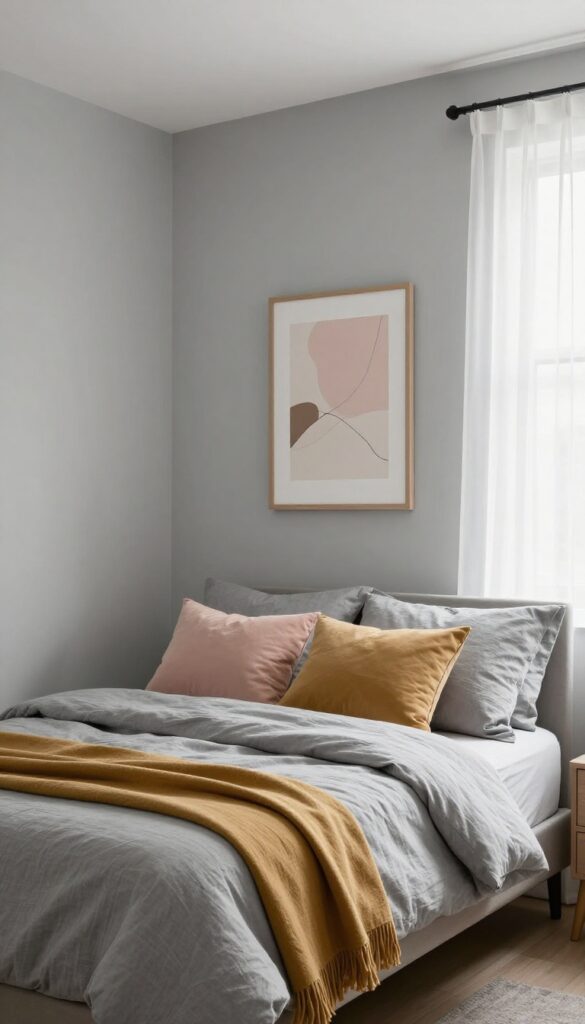 Grey bedroom with soft blush and mustard accent pillows and a mustard throw blanket in bright natural light
