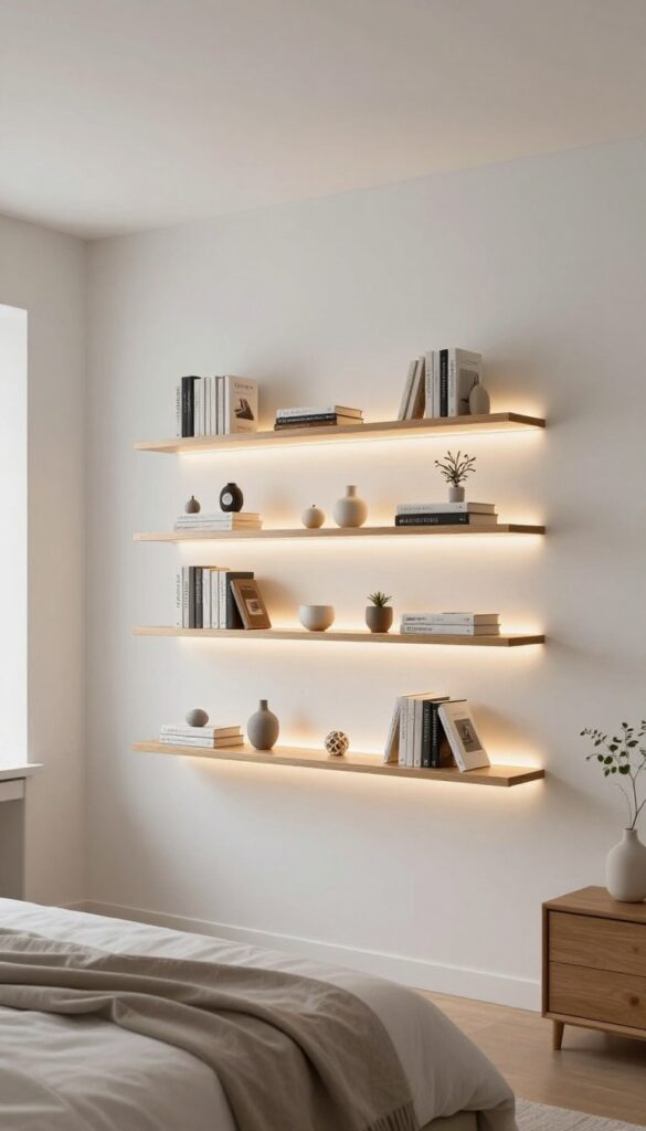5. LED Backlighting Behind Floating Shelves idea