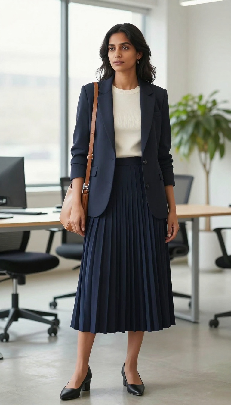 4. Pleated Midi Skirt with a Blazer for Work