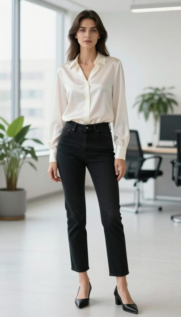 Woman in black jeans and a tucked-in ivory satin blouse standing in a bright modern office, a polished casual work outfit for meetings