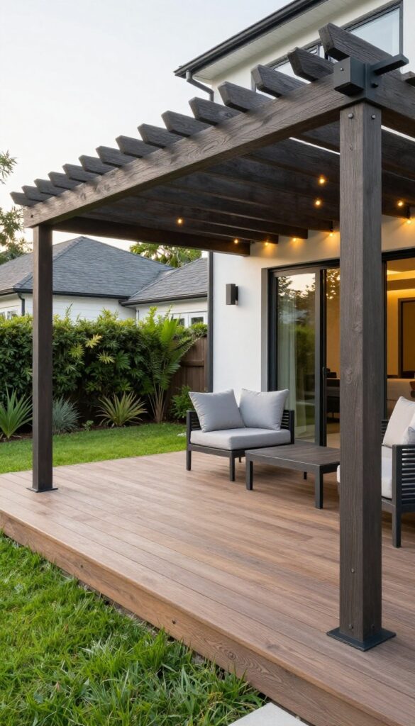 Covered lounge deck extension with a dark wood pergola roof and black hardware attached to the back of a modern house, furnished with gray cushioned outdoor seating and warm string lights beneath the cover, photographed in bright natural daylight.