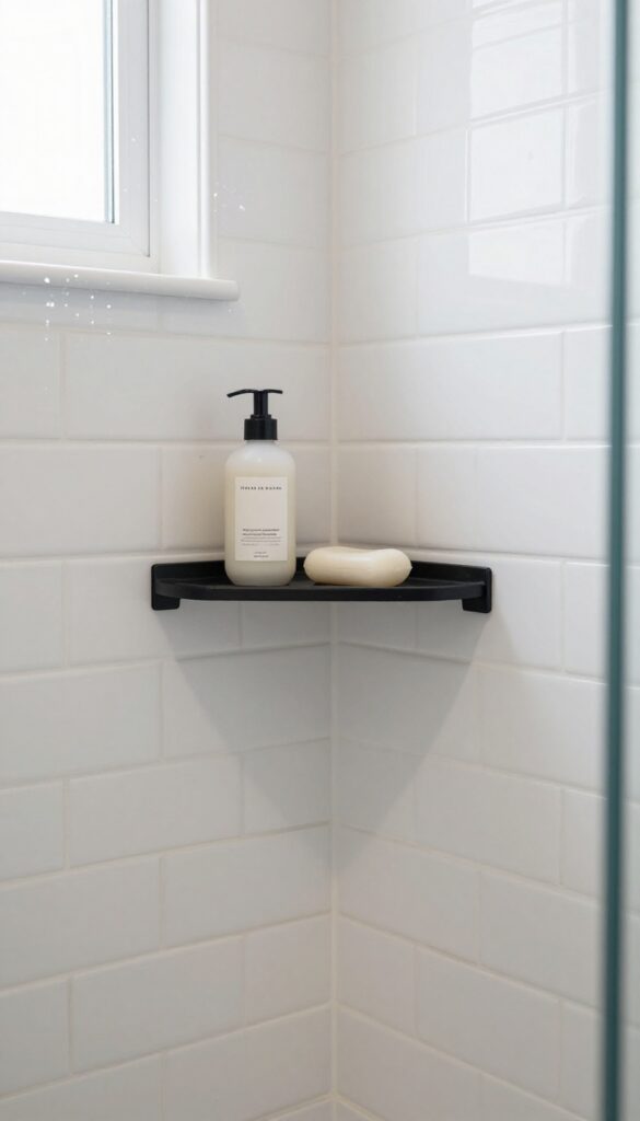 Slim matte black corner shower shelf mounted in a small tiled shower holding a few toiletries in bright natural light