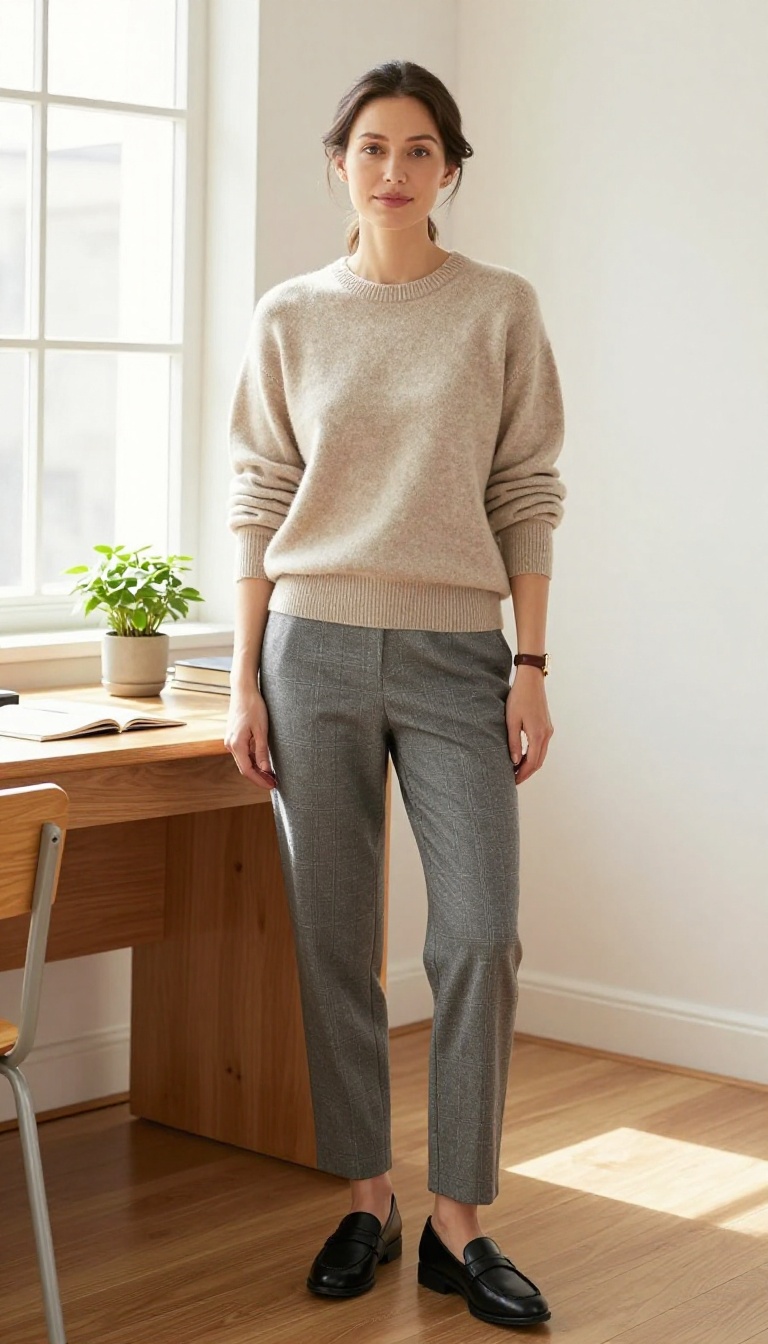 10. Grey Flannel Trousers with a Cashmere Crewneck