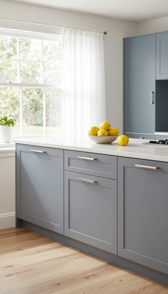 Bright kitchen with soft grey lower cabinets and muted blue upper cabinets, white countertops, and natural light from a large window