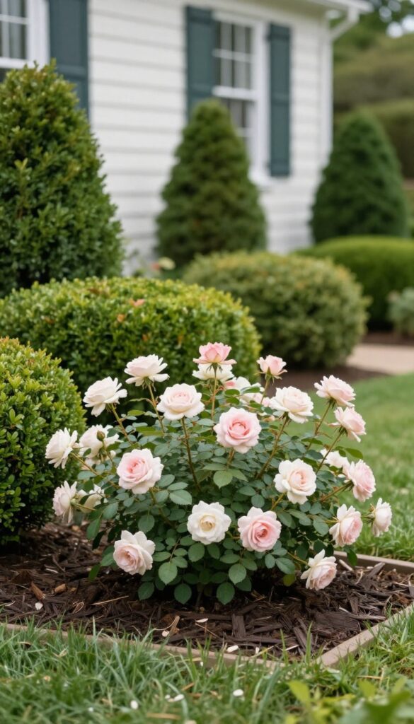 Front yard foundation bed with rounded boxwoods against the house and blooming roses in front, mulched and neatly edged in bright natural light
