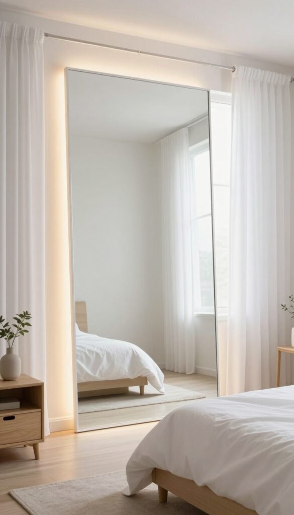 Bright windowless bedroom with a faux window wall feature made from a thin-framed mirror with LED backlighting and sheer white curtains on both sides.