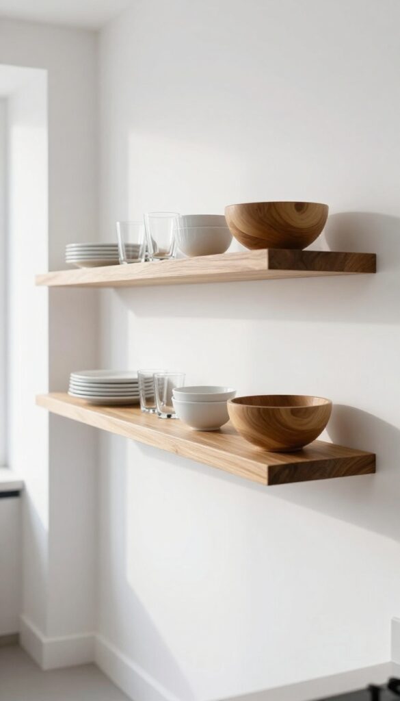 Modern kitchen wall with minimal open wood floating shelves styled with matching white dishes and clear glasses in bright natural light