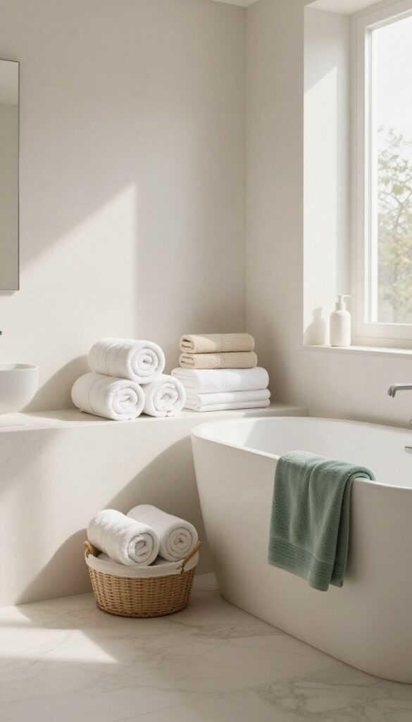 Bright designer bathroom with coordinated white and beige towels neatly rolled and stacked, plus a woven basket of extra towels in soft natural light.