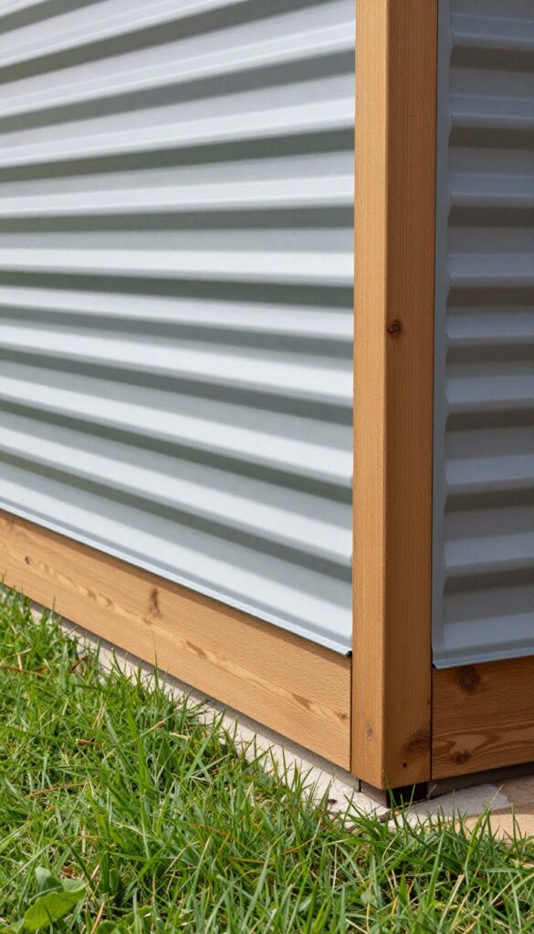 Raised backyard deck with modern corrugated metal panel skirting framed by warm wood trim in bright natural daylight