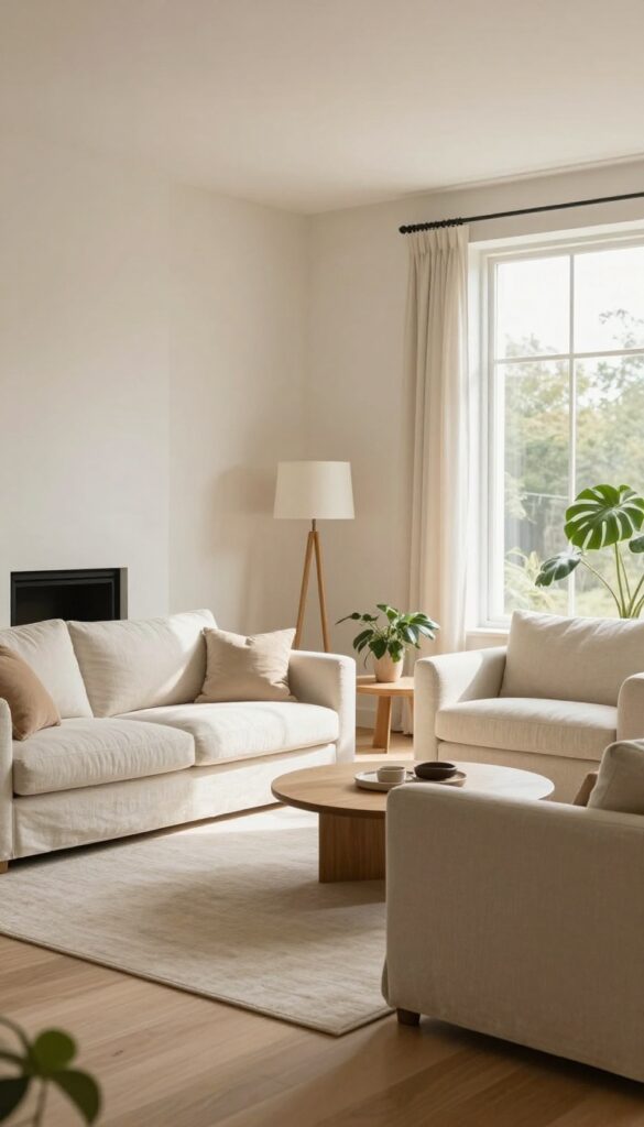 Bright living room with a light sofa pulled slightly off the wall facing a fireplace, two chairs arranged close together in a conversation zone, and clear open walkways between the furniture.