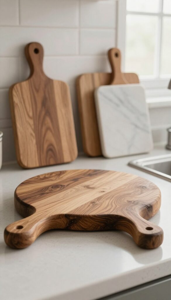 Rustic wooden cutting boards in varied shapes and warm tones leaning against a bright neutral kitchen backsplash