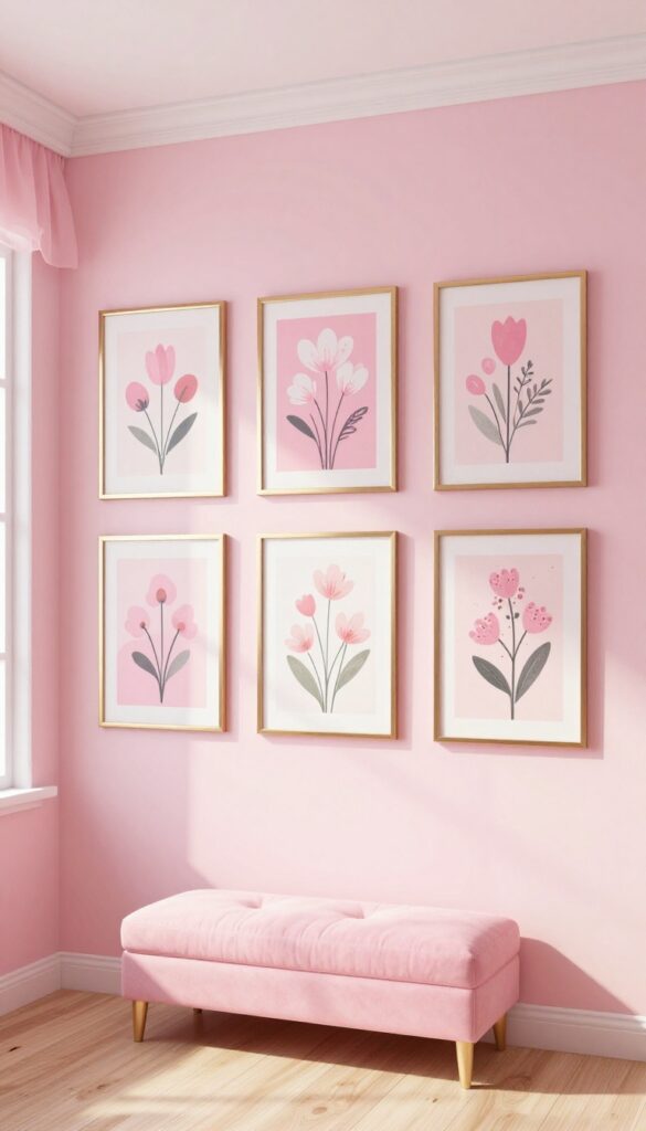 Pink princess bedroom gallery wall with mixed frames and coordinated pink art prints in bright natural light