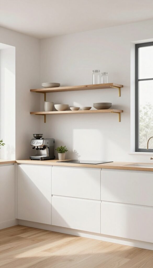 Bright open kitchen with a few thick wood floating shelves beside a black range hood, styled with matching neutral dishware and open space.