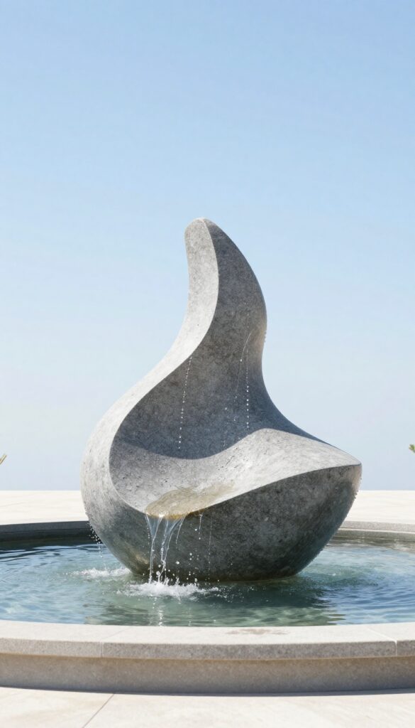 Abstract sculptural stone water fountain flowing into a basin on a minimal suburban front lawn in bright daylight