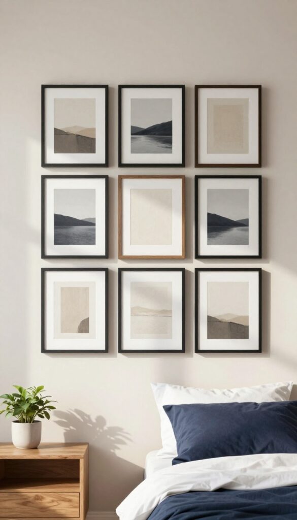 Bright boys bedroom wall with a personalized gallery wall of mixed wood and black frames, anchored by one large central print above a neatly made bed with navy bedding.