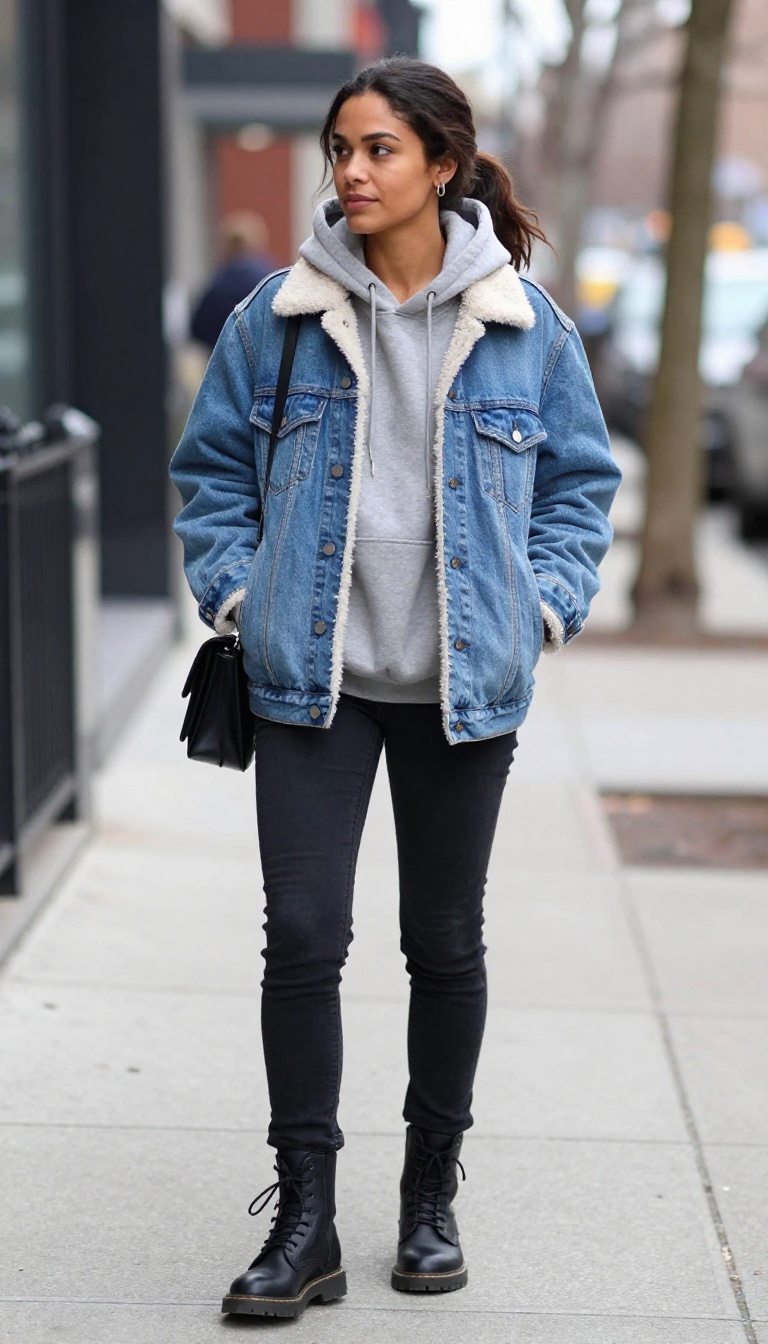 11. Denim Jacket with Shearling and Black Jeans