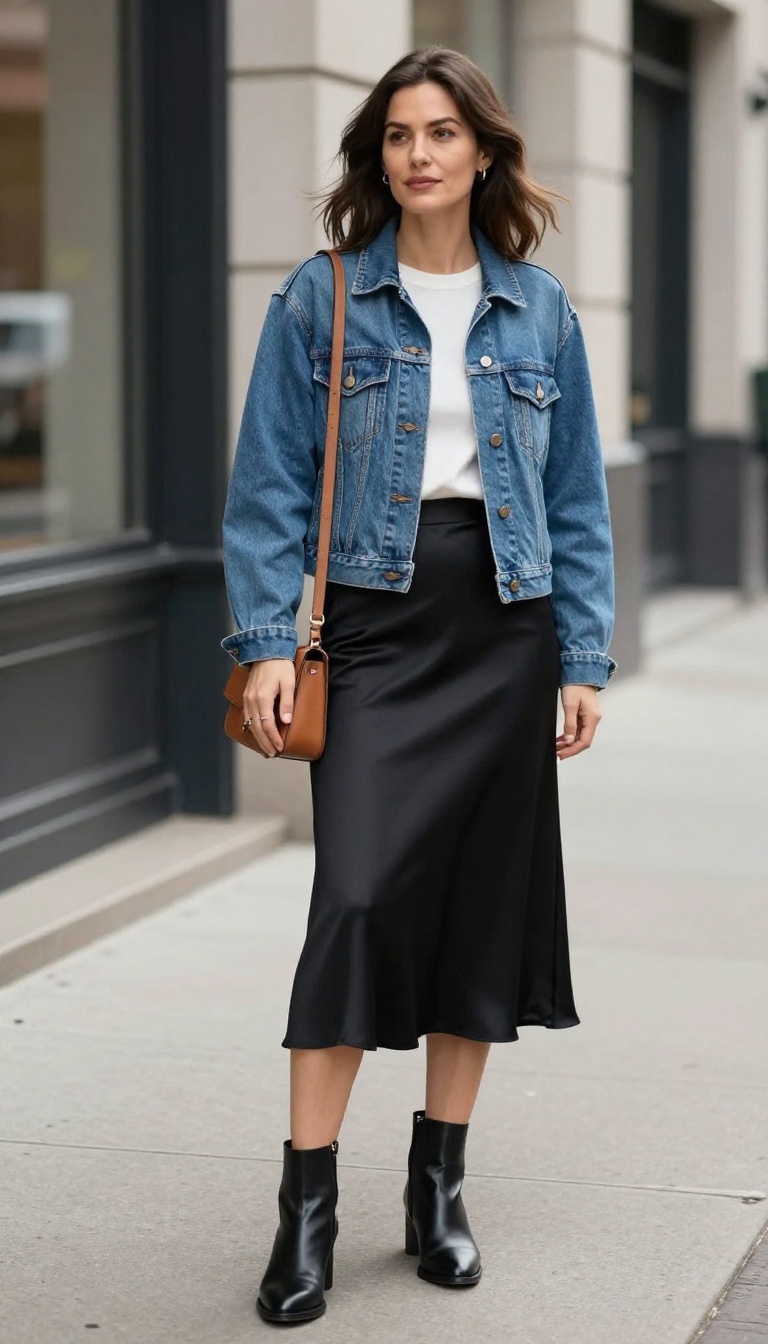1. Classic Blue Jean Jacket with a Midi Skirt and Ankle Boots
