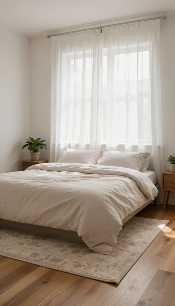 Cozy bedroom with an oversized subtle patterned area rug placed under the bed, extending well beyond the frame on warm hardwood floors in bright natural light