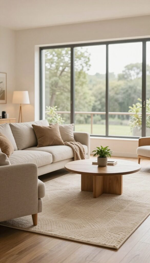 Cozy small living room with one large textured area rug anchoring a neutral sofa, round coffee table, and armchair in bright natural light