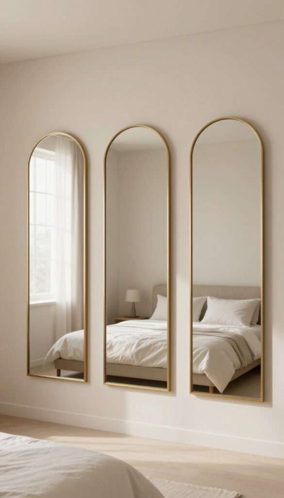 Three tall arched mirror panels with slim brass frames mounted evenly on a bright neutral bedroom wall, reflecting a sunlit bed and window.