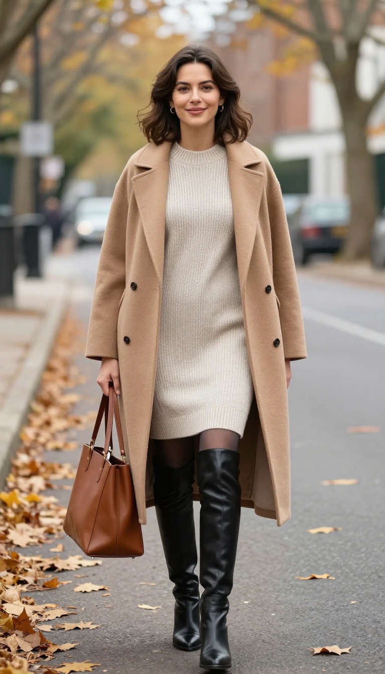 3. Chunky Knit Sweater Dress with Knee-High Boots