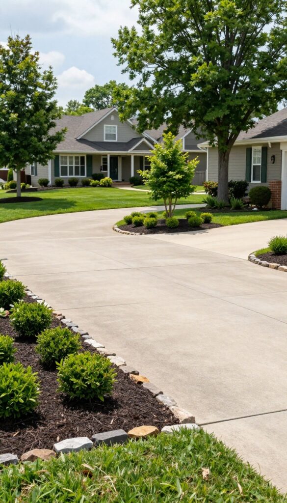 Circular concrete driveway with a landscaped center island featuring layered shrubs, mulch, stone edging, and a small ornamental tree in front of a suburban home on a bright day.