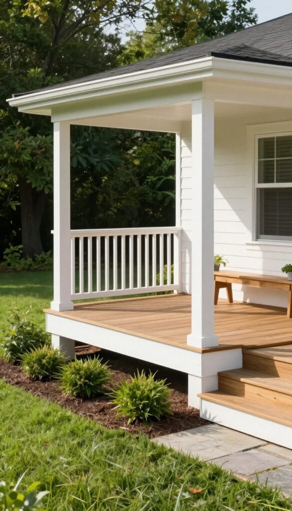 Front deck with horizontal wood slat skirting that hides the deck base and makes it look built-in, surrounded by tidy landscaping in bright natural light.