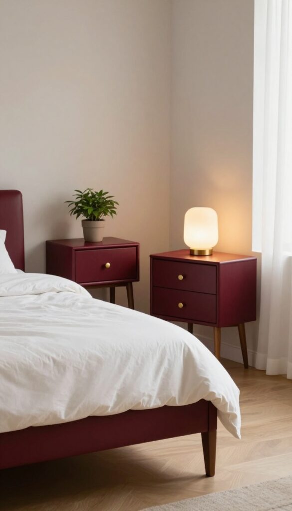 Two maroon-painted wooden nightstands with brass handles beside a bed in a bright, warmly styled bedroom.