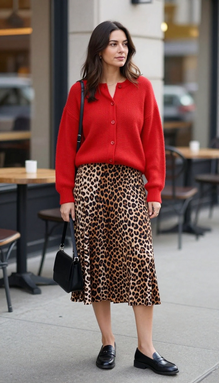 6. Red Knit Cardigan and Leopard Pleated Skirt