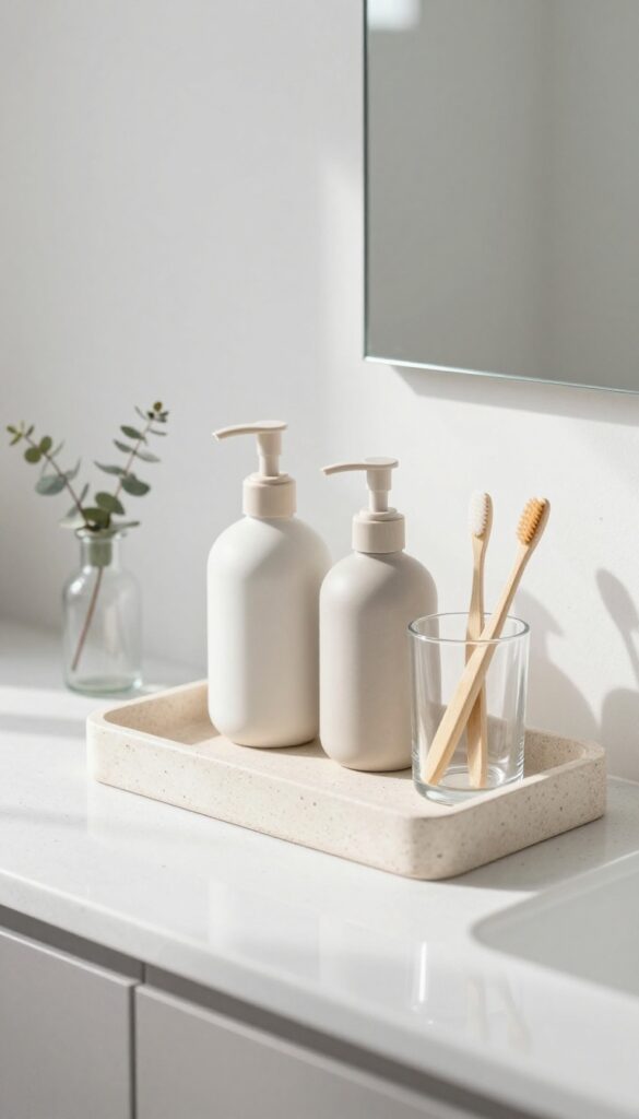 Minimal bathroom counter styled with matching ceramic pump bottles, a glass toothbrush holder, and a small eucalyptus sprig on a stone tray in bright natural light