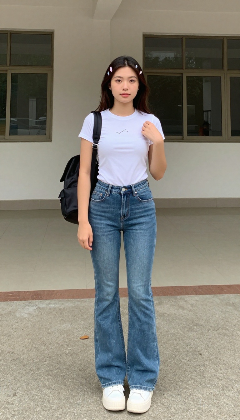 1. Low-Rise Flare Jeans + Baby Tee + Platform Sneakers