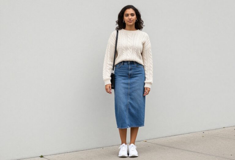 Woman wearing a denim midi skirt, cropped cable-knit sweater, and chunky sneakers standing on a city sidewalk.