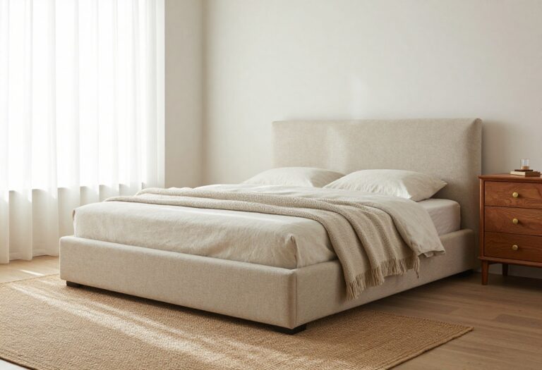Modern vintage bedroom with a sleek neutral platform bed beside a carved antique wooden dresser in bright natural light