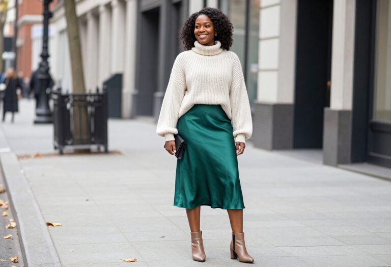 Black woman in a green satin midi skirt and cream sweater, fall birthday outfit