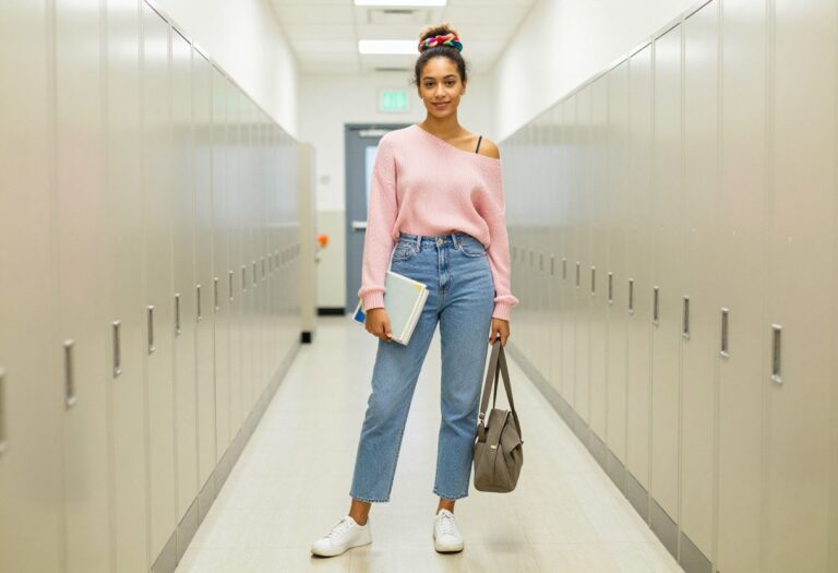 Woman in 80s-inspired school outfit with off-the-shoulder sweater and mom jeans in a school hallway