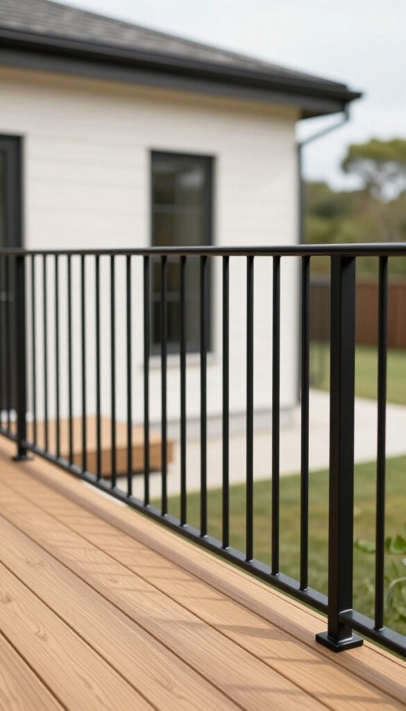 Modern deck with slim black metal railings contrasting against warm wood decking and light siding