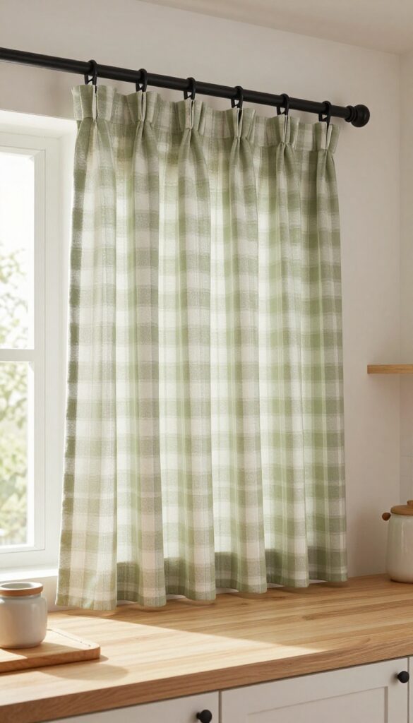 Cozy kitchen window with softly gathered sage green gingham cafe curtains on a black rod, bright natural light, wooden cutting board and ceramic jar on the counter