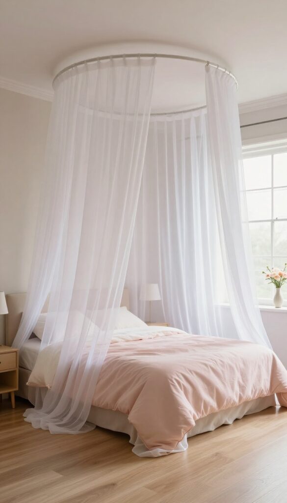 A bright princess bedroom with a sheer white and blush canopy draped from a ceiling hoop above a neatly made bed, soft daylight glowing through the lightweight fabric as it pools on the floor.